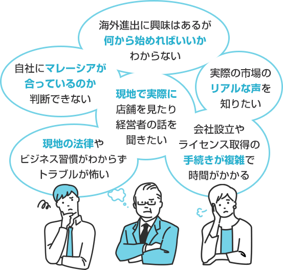 海外進出に興味はあるが何から始めればいいか分からない・マレーシアが本当に自社に合っているのか判断できない・実際の市場のリアルな声を知りたい・現地で実際に店舗を見たり、経営者の話を聞きたい・会社設立やライセンス取得の手続きが複雑で時間がかかる・現地の法律やビジネス習慣がわからず、トラブルが怖い